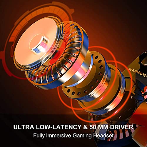 Auriculares PS4, PHOINIKAS Wired Gaming Kopfhörer für Xbox One, PC, Versión Mejorada Auriculares inalámbricos con Sonido Envolvente de Graves 7.1, Noise Cancelling-Mik, LED Licht - Red