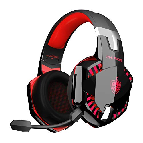 Auriculares PS4, PHOINIKAS Wired Gaming Kopfhörer für Xbox One, PC, Versión Mejorada Auriculares inalámbricos con Sonido Envolvente de Graves 7.1, Noise Cancelling-Mik, LED Licht - Red
