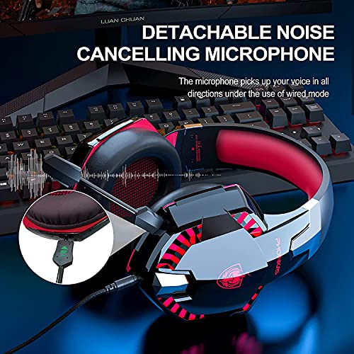 Auriculares PS4, PHOINIKAS Wired Gaming Kopfhörer für Xbox One, PC, Versión Mejorada Auriculares inalámbricos con Sonido Envolvente de Graves 7.1, Noise Cancelling-Mik, LED Licht - Red