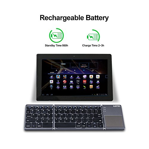 AURTEC Teclado Bluetooth Plegable con Teclado táctil inalámbrico, Recargable, portátil, inalámbrico, para PC, Tableta, Android, Smartphone, Color Gris Oscuro