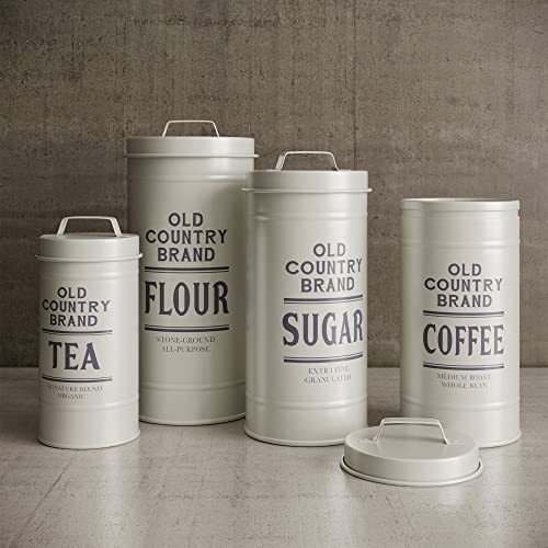 Barnyard Designs - Juego de 4 botes decorativos de cocina con tapas de metal galvanizado blanco rústico vintage para decoración de granja de campo, para almacenamiento de azúcar