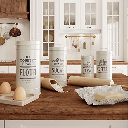 Barnyard Designs - Juego de 4 botes decorativos de cocina con tapas de metal galvanizado blanco rústico vintage para decoración de granja de campo, para almacenamiento de azúcar
