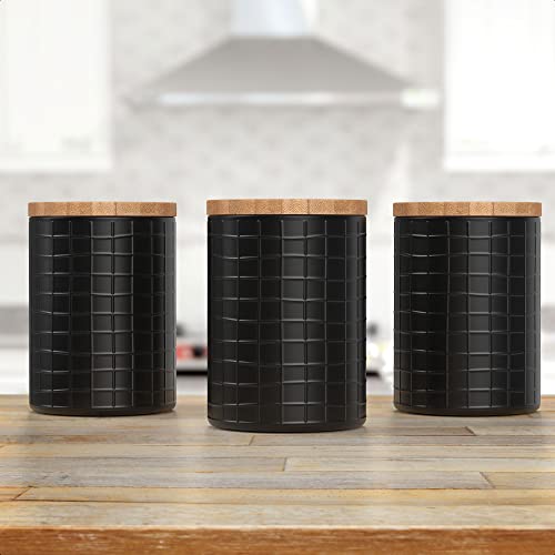 Barnyard Designs Recipientes de cocina con tapas de bambú, juego de recipientes de metal herméticos, café, azúcar, té, harina, decoración de cocina, granja, negro, 13,3 x 17,1 cm, juego de 3