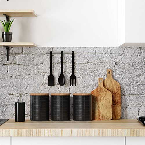 Barnyard Designs Recipientes de cocina con tapas de bambú, juego de recipientes de metal herméticos, café, azúcar, té, harina, decoración de cocina, granja, negro, 13,3 x 17,1 cm, juego de 3