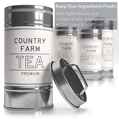 Barnyard Designs Tarros decorativos de cocina con tapas, metal galvanizado rústico, decoración de granja vintage para almacenamiento de harina, azúcar, juego de 4, el más grande es de 14 x 28.6 cm.