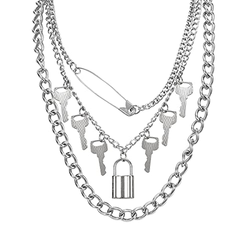 Beapet Punk Thorns Collar Gótico Cadena de Alambre de púas Punk Key Lock Capas Collares para Hombres Mujeres Niñas Niñas (Color : 3-Lock+Key, S : -)