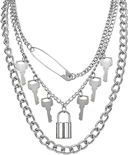 Beapet Punk Thorns Collar Gótico Cadena de Alambre de púas Punk Key Lock Capas Collares para Hombres Mujeres Niñas Niñas (Color : 3-Lock+Key, S : -)