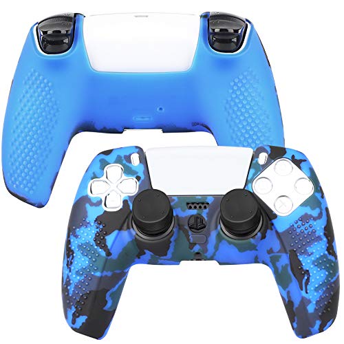 Benazcap Funda para Mando PS5 DualSense,Silicona Suave, A Prueba de Polvo, elástica,Piel del Controlador PS5 x 1,con Agarre de Pulgar basculante x 10,Azul Camuflaje