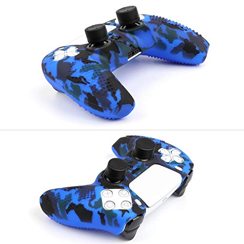 Benazcap Funda para Mando PS5 DualSense,Silicona Suave, A Prueba de Polvo, elástica,Piel del Controlador PS5 x 1,con Agarre de Pulgar basculante x 10,Azul Camuflaje