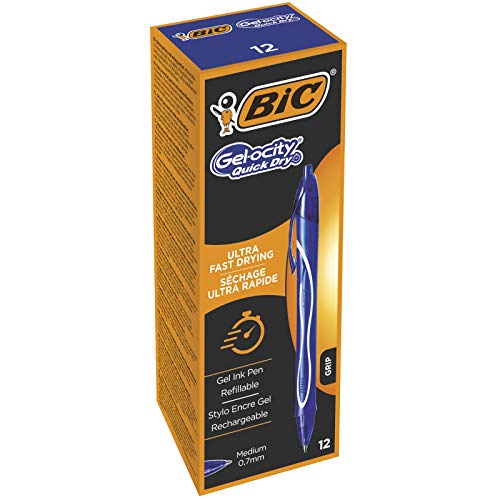 BIC Gel-ocity Quick Dry Boligrafos Retráctil de Gel Punta Media (0,7mm), Óptimo para Uso Escolar y de Oficina , Azul, Paquete de 12 Unidades