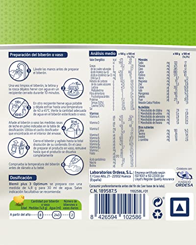 Blemil Plus 3 Optimum - Preparado lácteo en polvo, desde los 12 meses, 800 g