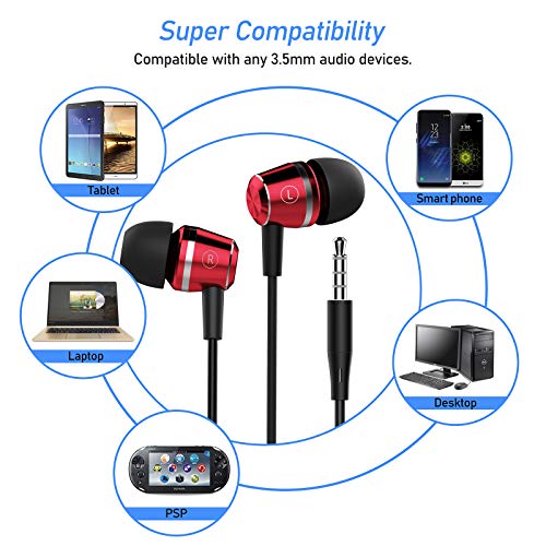 Blukar Auriculares In Ear, Auriculares con Cable y Micrófono Headphone Sonido Estéreo para Phone,Galaxy, Huawei, XiaoMi, PC, MP3/MP4 Android y Todos los Dispositivos de Auriculares de 3,5 mm(Rojo)