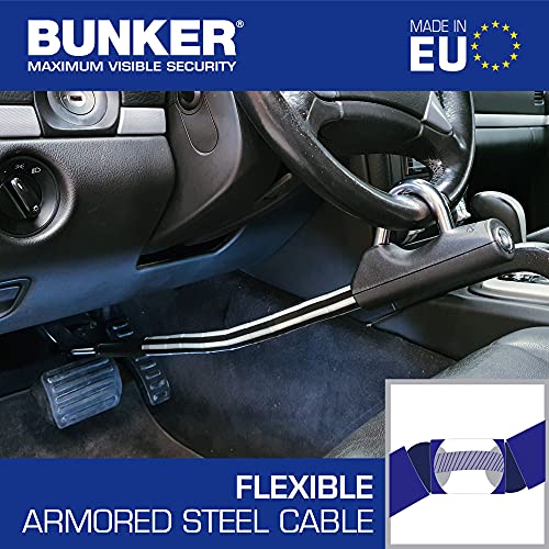 Bunker BP80/B Barra Antirrobo Coche Alta Gama Volante Pedal, Blindaje Articulado, Cierre Basculante Endurecido, Cable Acero Blindado, Universal Auto SUV Furgoneta, Cerradura Alta Seguridad 3 Llaves