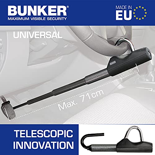 Bunker BT29 Barra Antirrobo Coche Alta Gama Telescópica Volante Pedal, Cierre Basculante Endurecido, Universal Automóvil SUV, Cerradura Alta Seguridad 3 Llaves