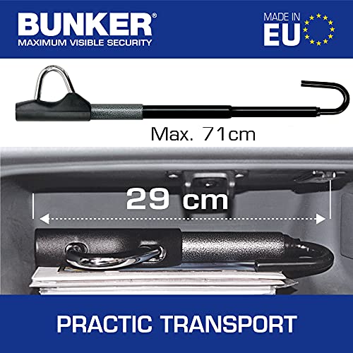 Bunker BT29 Barra Antirrobo Coche Alta Gama Telescópica Volante Pedal, Cierre Basculante Endurecido, Universal Automóvil SUV, Cerradura Alta Seguridad 3 Llaves