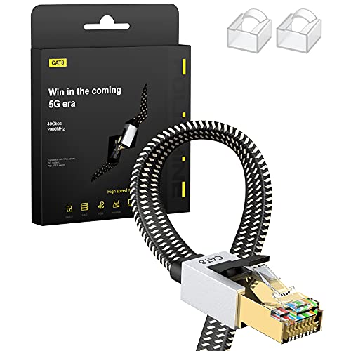 Cable Ethernet Cat8 de 1M, Cordón de Remiendo de Lan de Nylon Trenzado de Alta Velocidad, Cable Plano Blindado RJ45 de 40Gbps 2000Mhz, para el Módem/Enrutador/Conmutador más rápido que Cat5e/Cat6/Cat7