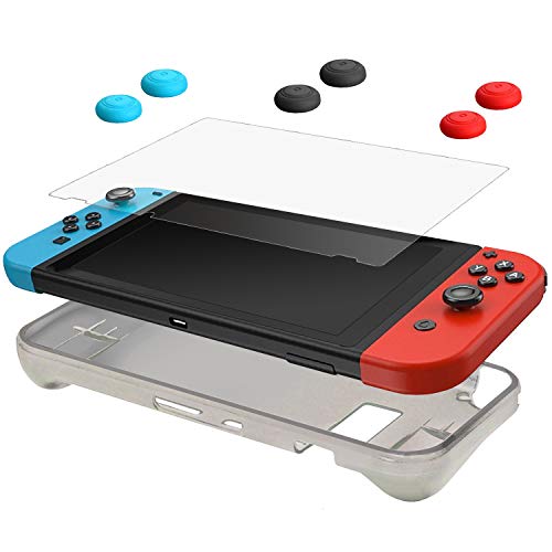 CamKix Kit de protección, Compatible con Nintendo Switch: 1 Funda de Silicona TPU (Negro), 1 Protector de Pantalla Anti rasguños y 6X Tapa de Agarre para Pulgar/Cubierta de botón de Palanca de Manda