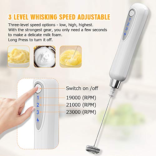CAVN Espumador de Leche electrico, Ajustable 3 velocidades con 1 batidor de Resorte de Acero Inoxidable, 1 Batidos de Espiral de Acero Inoxidable para café, café con Leche, Latte Cappuccino