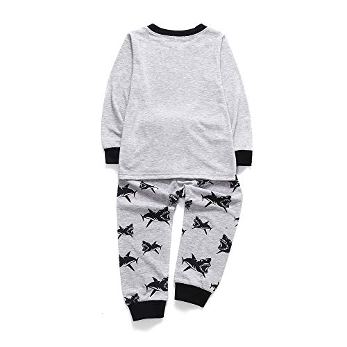 Chickwin Pijamas para Niños Dos Piezas Navidad, Niño Niña Algodón Unisex Larga Manga Pijama Dinosaurio Tiburón Impresión Ropa de Dormir con Top y Pantalones (120cm,Ceniza de tiburón)