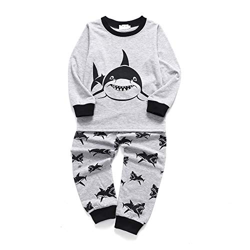 Chickwin Pijamas para Niños Dos Piezas Navidad, Niño Niña Algodón Unisex Larga Manga Pijama Dinosaurio Tiburón Impresión Ropa de Dormir con Top y Pantalones (120cm,Ceniza de tiburón)