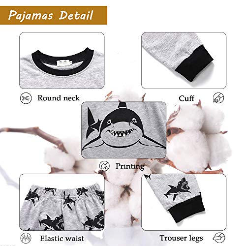 Chickwin Pijamas para Niños Dos Piezas Navidad, Niño Niña Algodón Unisex Larga Manga Pijama Dinosaurio Tiburón Impresión Ropa de Dormir con Top y Pantalones (120cm,Ceniza de tiburón)