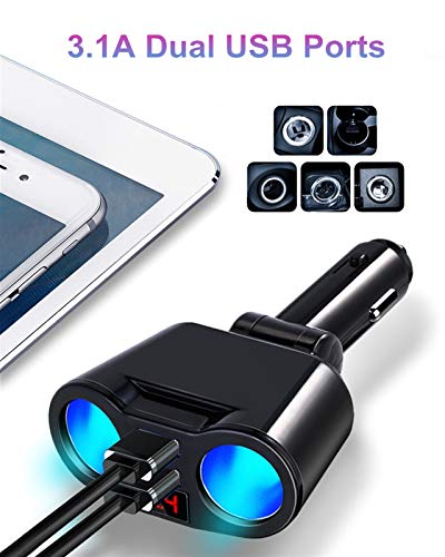 Cigarette Coche encendedor Splitter Socket Adaptador Voltaje Monitor de pantalla 5V 3.1A Puertos de cargador USB dual Encendedor de coche (Color Name : Two in One cable)
