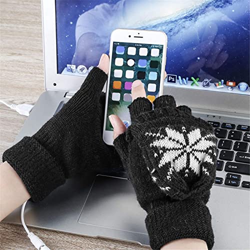 Cold Heated Indoor Christmas Gloves Winter Protection Gloves Work Gloves Warm Knit Unisex USB Print Connection Gloves (Black)