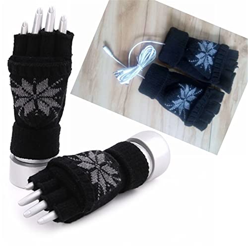 Cold Heated Indoor Christmas Gloves Winter Protection Gloves Work Gloves Warm Knit Unisex USB Print Connection Gloves (Black)