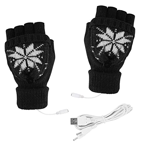 Cold Heated Indoor Christmas Gloves Winter Protection Gloves Work Gloves Warm Knit Unisex USB Print Connection Gloves (Black)
