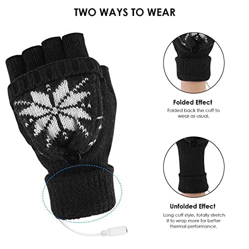 Cold Heated Indoor Christmas Gloves Winter Protection Gloves Work Gloves Warm Knit Unisex USB Print Connection Gloves (Black)