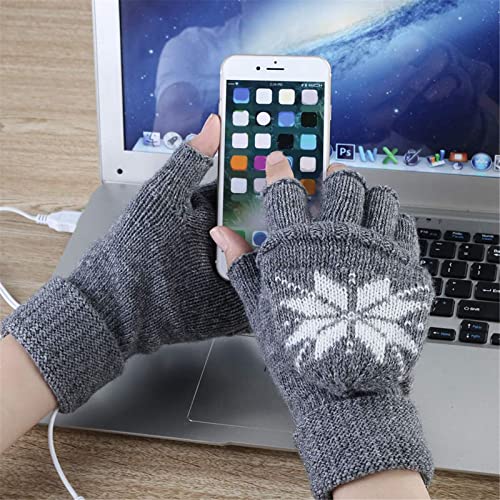 Cold Heated Indoor Christmas Gloves Winter Protection Gloves Work Gloves Warm Knit Unisex USB Print Connection Gloves (Gray)