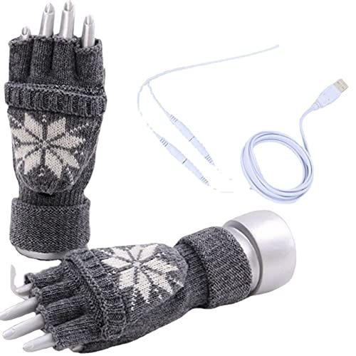 Cold Heated Indoor Christmas Gloves Winter Protection Gloves Work Gloves Warm Knit Unisex USB Print Connection Gloves (Gray)