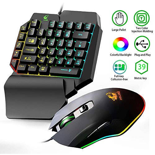 Combo de Teclado y ratón para Juegos de una Mano, con Cable de 39 Teclas, sensación mecánica Arco Iris retroiluminado con reposamuñecas para PC/Xbox/PS4 Teclado de una Sola Mano y ratón RGB Gaming