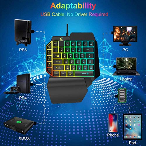 Combo de Teclado y ratón para Juegos de una Mano, con Cable de 39 Teclas, sensación mecánica Arco Iris retroiluminado con reposamuñecas para PC/Xbox/PS4 Teclado de una Sola Mano y ratón RGB Gaming