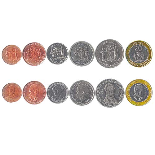 Conjunto de 6 monedas de Jamaica: 10, 25 Cents, 1, 5, 10, 20 Dólares. 1994-2018