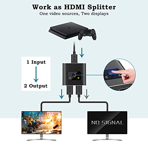 Conmutador HDMI de aluminio 4 K, bidireccional, 2 entradas a 1 salida, conmutador HDMI 1 en 2 salidas, compatible con 3D 1080P para TV/Blu-ray/Firestick/Xbox/PS4/PS4