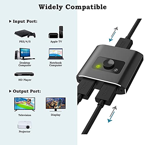 Conmutador HDMI de aluminio 4 K, bidireccional, 2 entradas a 1 salida, conmutador HDMI 1 en 2 salidas, compatible con 3D 1080P para TV/Blu-ray/Firestick/Xbox/PS4/PS4