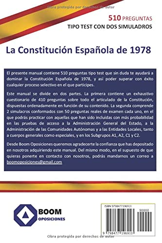CONSTITUCIÓN ESPAÑOLA - 510 PREGUNTAS TIPO TEST Y 2 SIMULACROS: CONSTITUCIÓN ESPAÑOLA - 510 PREGUNTAS TIPO TEST Y 2 SIMULACROS