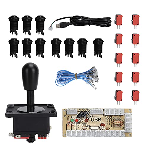 Controlador de Juegos de Arcade, Kit de Piezas de Bricolaje para PC, Juegos de Windows, 1 Joystick de Estilo Americano + 10 Botones + 10 interruptores + codificador USB de retardo Cero(Negro)