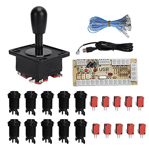 Controlador de Juegos de Arcade, Kit de Piezas de Bricolaje para PC, Juegos de Windows, 1 Joystick de Estilo Americano + 10 Botones + 10 interruptores + codificador USB de retardo Cero(Negro)
