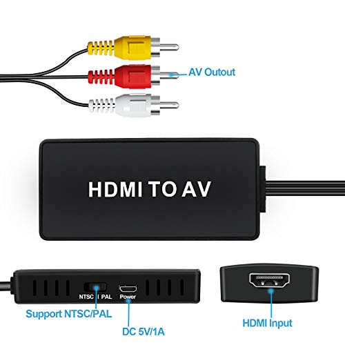 Convertidor HDMI a RCA, Adaptador convertidor de audio y video compuesto HDMI a AV, compatible con PAL / NTSC para PS One, PS2, PS3, Nintendo 64, STB, VHS, VCR, Blue-Ray Reproductores de DVD Proyector