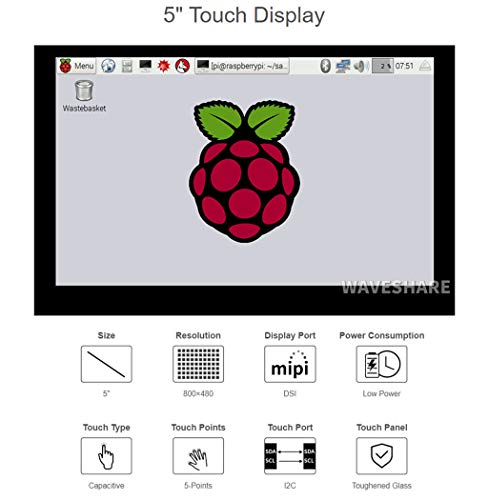 Coolwell Waveshae 5inch Capacitive Touch Display For Raspberry Pi Series and CM3/3+, 800×480, DSI Interface Up to 5-Points Touch