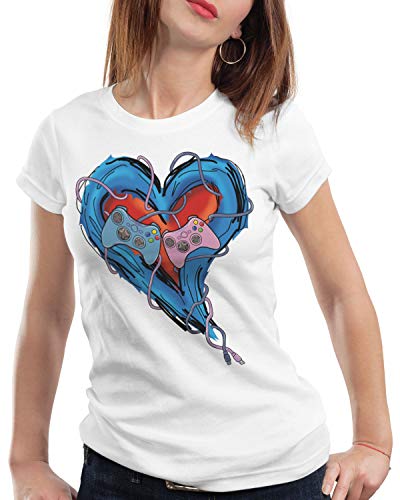 CottonCloud Gamer Love Camiseta para Mujer T-Shirt Videojuego Pareja Amor, Color:Blanco, Talla:S