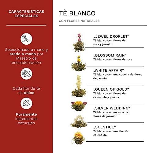 Creano Juego de Regalo de Flores de Té en una Caja de Madera, "Té blanco" | 12 Flores de Té con 6 Tipos diferentes | neto ca. 78g