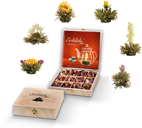 Creano Juego de Regalo de Flores de Té en una Caja de Madera, "Té blanco" | 12 Flores de Té con 6 Tipos diferentes | neto ca. 78g