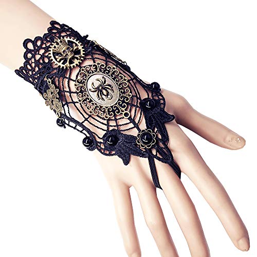 Daimay Guantes sin Dedos bronceadores Gótico Floral Encaje Steampunk Anillo de Pulsera Vintage Guantes con Cuentas Juego de Anillos de Pulsera Nupcial - 1 par - Telaraña