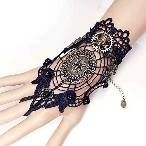 Daimay Guantes sin Dedos bronceadores Gótico Floral Encaje Steampunk Anillo de Pulsera Vintage Guantes con Cuentas Juego de Anillos de Pulsera Nupcial - 1 par - Telaraña