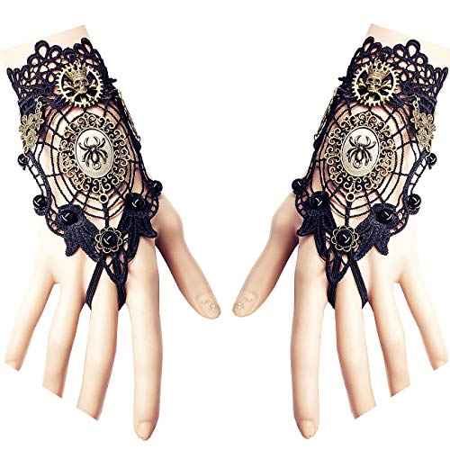 Daimay Guantes sin Dedos bronceadores Gótico Floral Encaje Steampunk Anillo de Pulsera Vintage Guantes con Cuentas Juego de Anillos de Pulsera Nupcial - 1 par - Telaraña