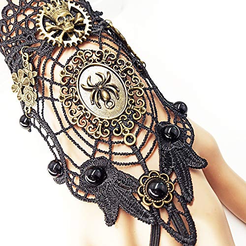 Daimay Guantes sin Dedos bronceadores Gótico Floral Encaje Steampunk Anillo de Pulsera Vintage Guantes con Cuentas Juego de Anillos de Pulsera Nupcial - 1 par - Telaraña