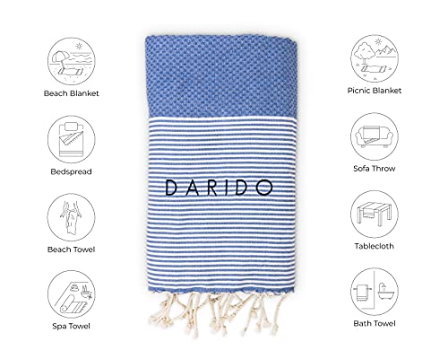 DARIDO Toalla Fouta Hammam Tipo Panal - Toallas de Playa, Sauna y Baño XXL 100 x 200 cm - Manta de Picnic, Colcha - 100% Algodón - Tejido a Mano - Ligero, Suave Absorbente (Azul Claro)